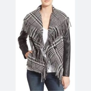 Guess Fringe Glen Plaid Faux Leather Moto Jacket Small
